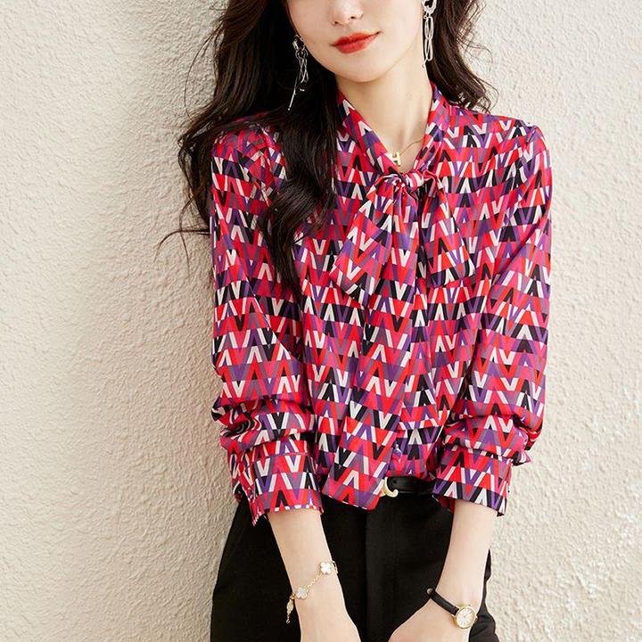 职业阿玛诗官2025春秋季蝴蝶结系带时尚显瘦百搭印花长袖雪纺衬衫