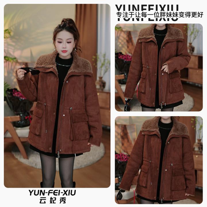 云妃秀大码女装毛呢外套时尚日常胖妹妹显瘦宽松减龄外套冬77238
