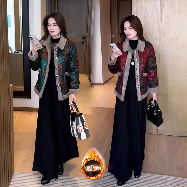 加绒加厚印花短外套女冬季时尚减龄显瘦翻领开衫妈妈装保暖棉服潮