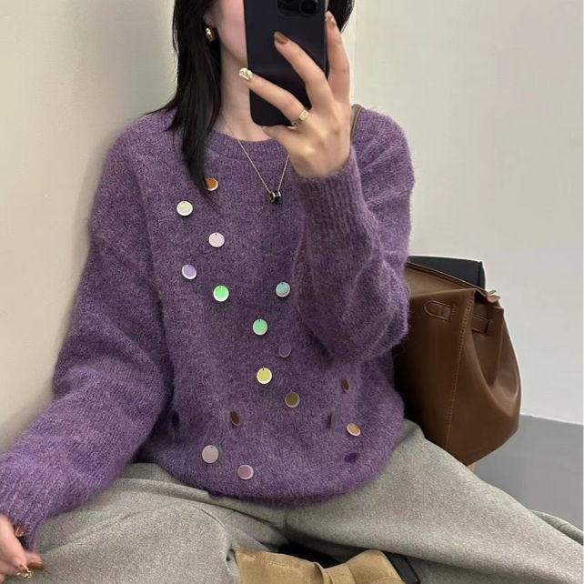 重工亮片洋气慵懒风软糯别致设计感毛衣2024秋冬季大码复古针织衫