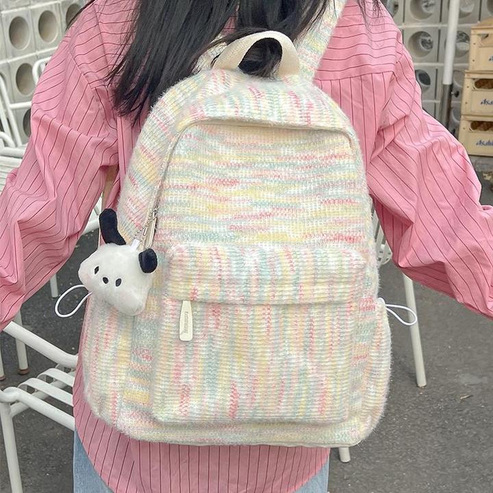 FAVMARTHA书包女软糯小清新初中生毛绒针织背包高颜值百搭高中大