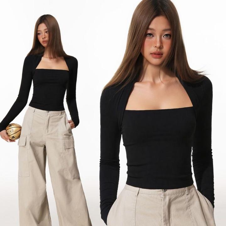 美式复古辣妹方领长袖T恤早秋薄款修身设计感黑色莫代尔上衣打底