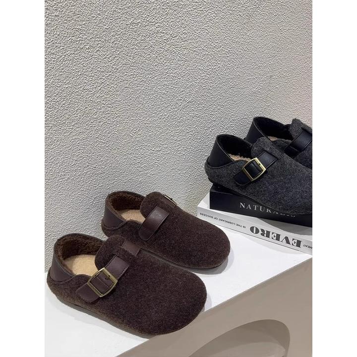 勃肯鞋女灰色秋冬新款毛呢厚底百搭两穿毛毛鞋加绒保暖穆勒鞋棉鞋