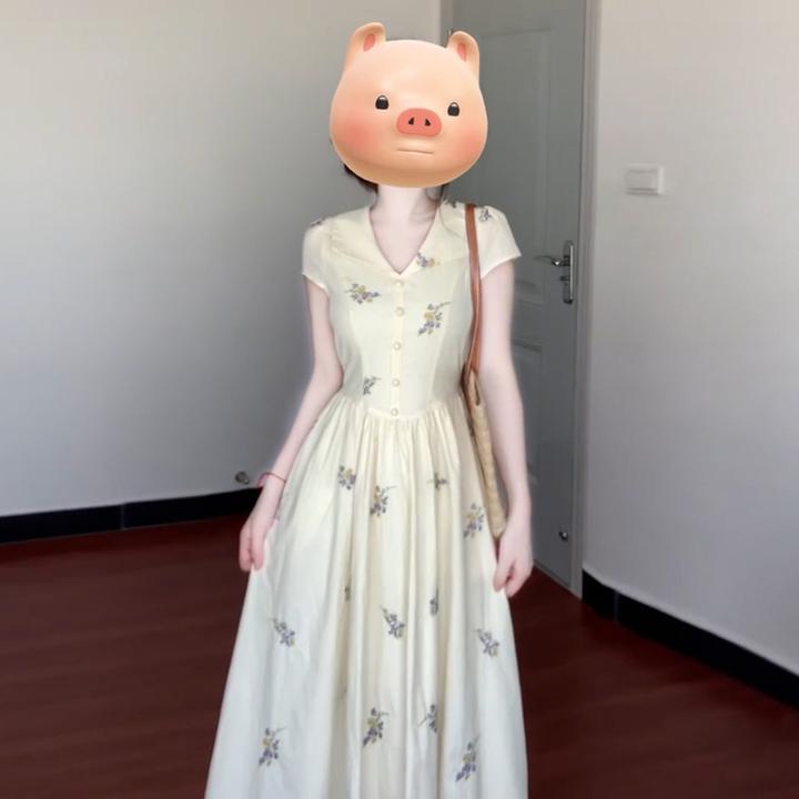 温柔风杏色碎花polo领短袖连衣裙子女夏2025新款法式气质绝美长裙