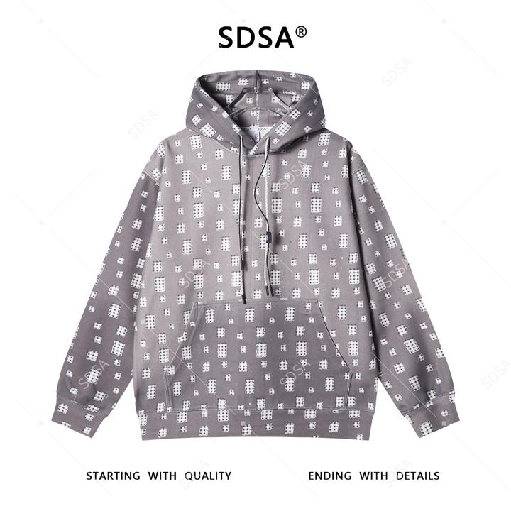SDSA男士秋冬新款痞帅男装时尚撞色印花格子抽绳连帽卫衣百搭宽松
