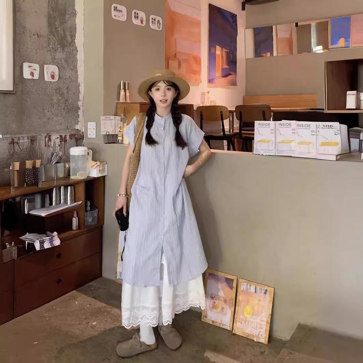 条纹短袖衬衫连衣裙女夏季2025新款韩系宽松中长款叠穿A字裙2025
