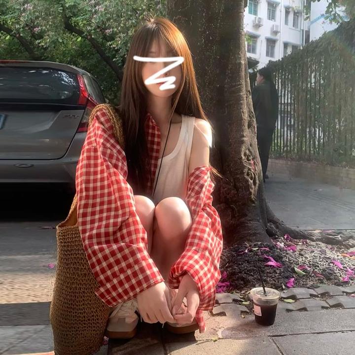 式覆古红色格子衬衫女装外套夏季2026新款韩系慵懒宽松休闲 衬衣