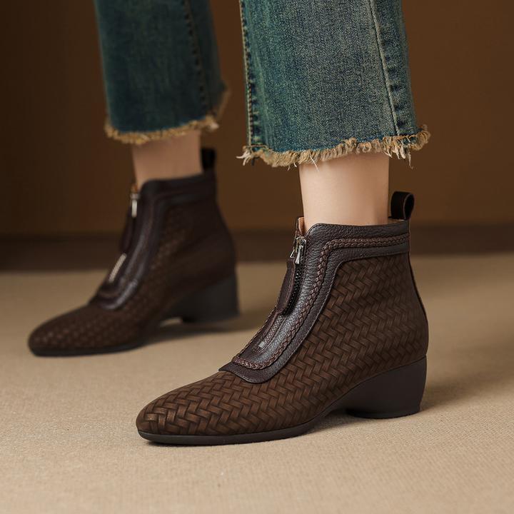 法式复古短靴尖头拼纹及裸靴女2025秋冬款前拉炼炼粗跟马丁靴