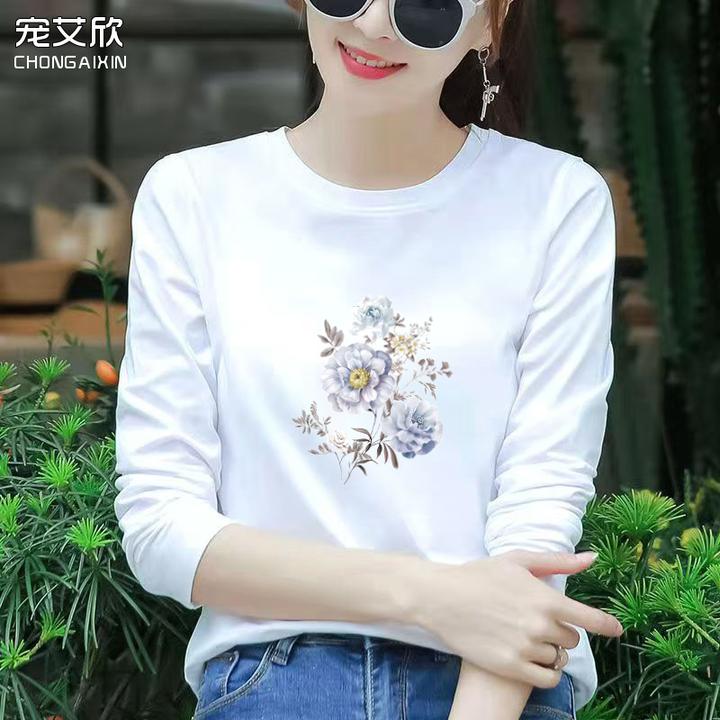 纯棉长袖t恤女新款春秋装休闲韩版打底衫内搭上衣女潮流圆领印花T