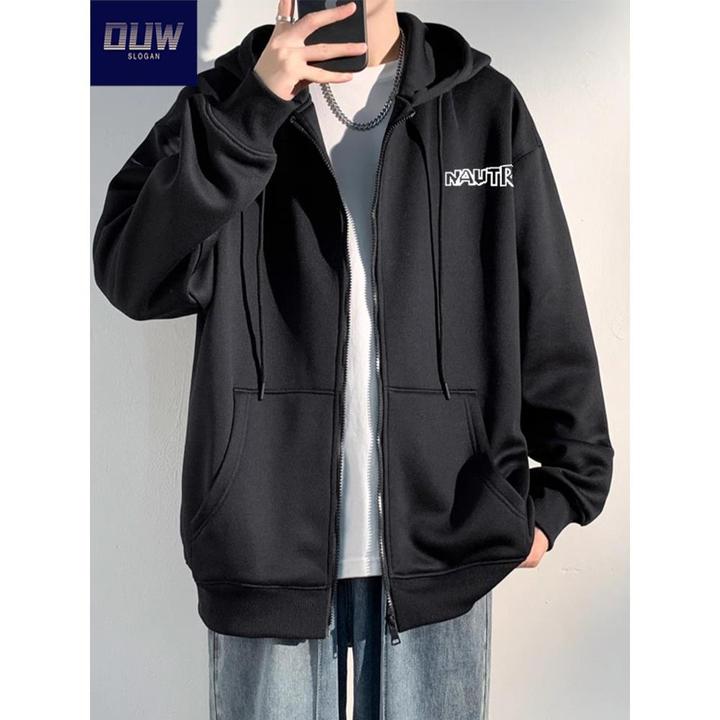 O.U.W薄款新款印花字母连帽卫衣外套男士初秋日系宽松开衫夹克ins