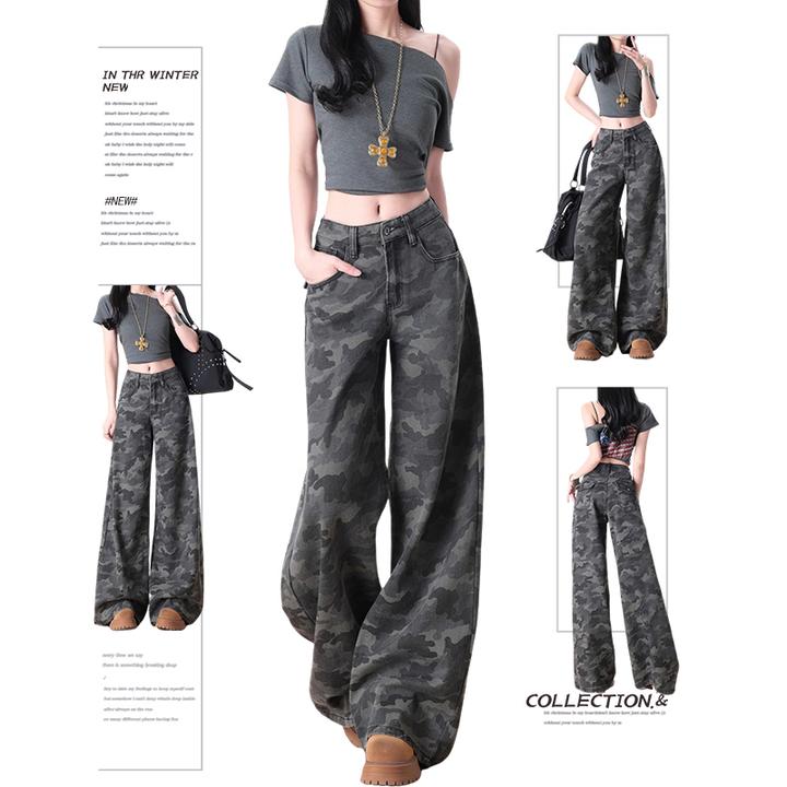 潮碧梵300斤大码女装复古迷彩阔腿牛仔裤女胖mm宽松垂感直筒裤