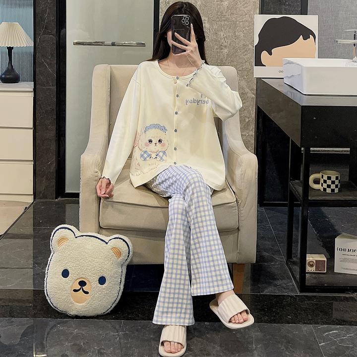 睡衣女春秋季纯棉长袖大码2025年新款保暖蓝格长裤猫咪套装家居服