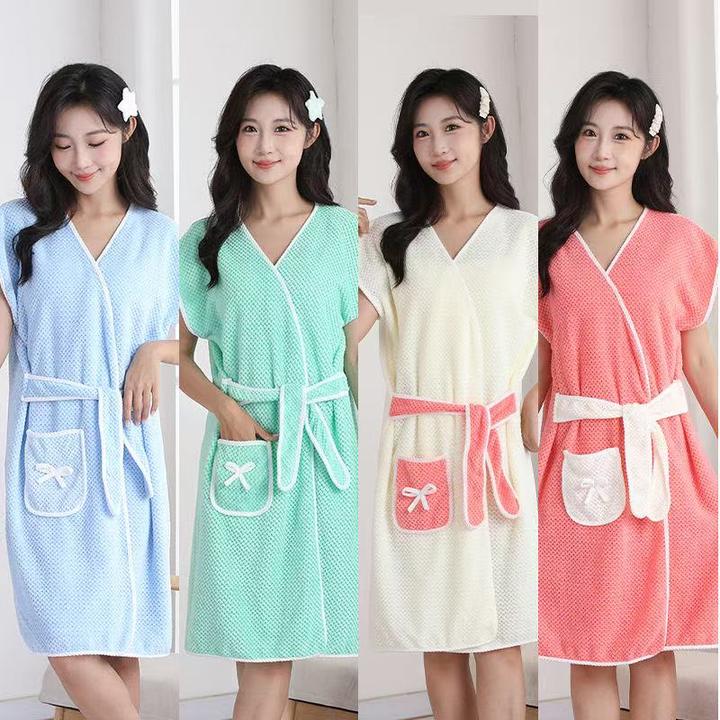 珊瑚绒浴裙浴袍休闲可爱家用吸水绑带浴巾跨境批发居家女士浴裙
