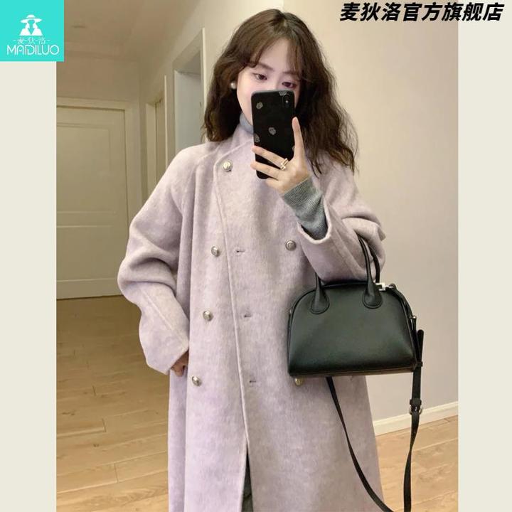 温柔风紫色立领呢子大衣女秋冬季韩系小个子高级感中长款毛呢外套