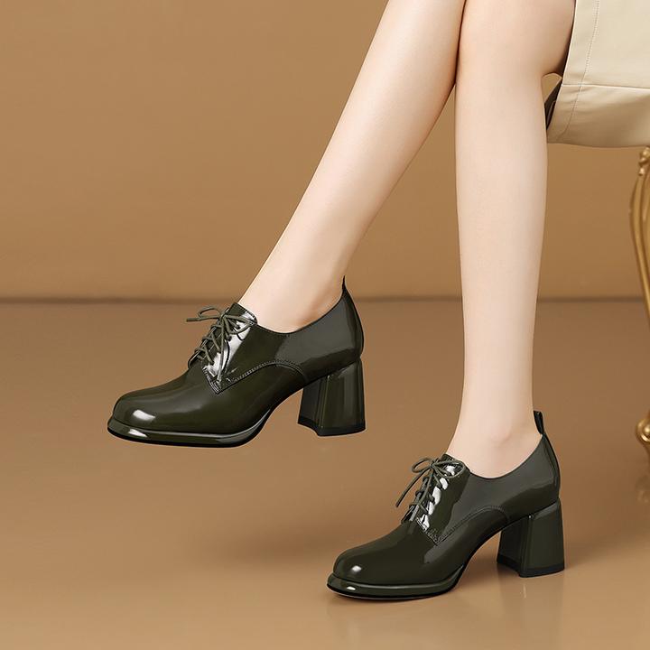 6.5cm秋漆皮女鞋工作单鞋圆头高跟鞋粗跟系带深口窝窝鞋简约百搭