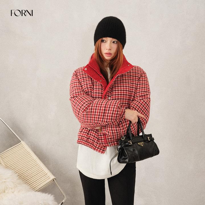 FORNI 鸿运面包服 新国标90白鸭绒红色千鸟格羊毛花呢羽绒服