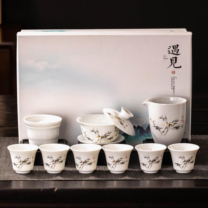羊脂玉白瓷茶具套装家用高档悬停盖碗办公泡茶功夫茶杯伴手礼盒装