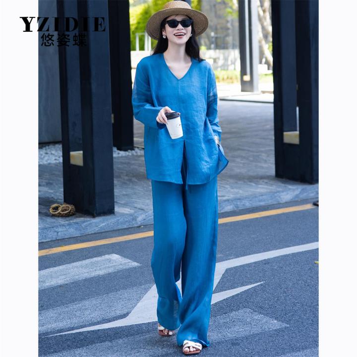 YZIDIE老钱风时尚套装2025夏季极简风防晒100苎麻衬衣裤子宽松