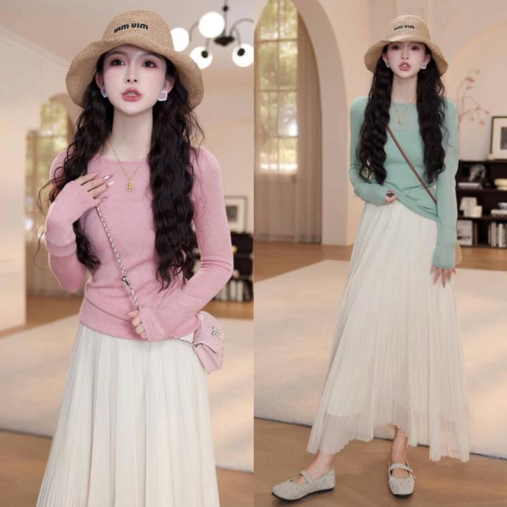 小众炸街高级感女装春夏防晒罩衫长袖针织上衣百搭褶皱半身裙套装