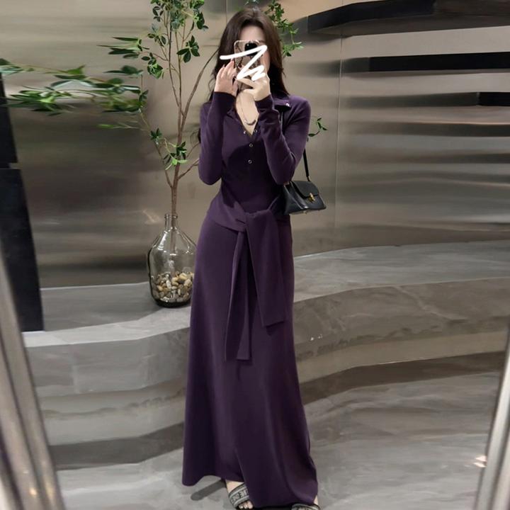 【现货+运补】紫色内搭绑带连衣裙秋季2025新款高级感收腰长裙9103