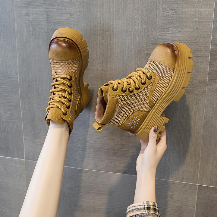 【秋冬新品】马丁靴女2025夏冲孔加透网复古欧美皮面短筒工装靴英伦