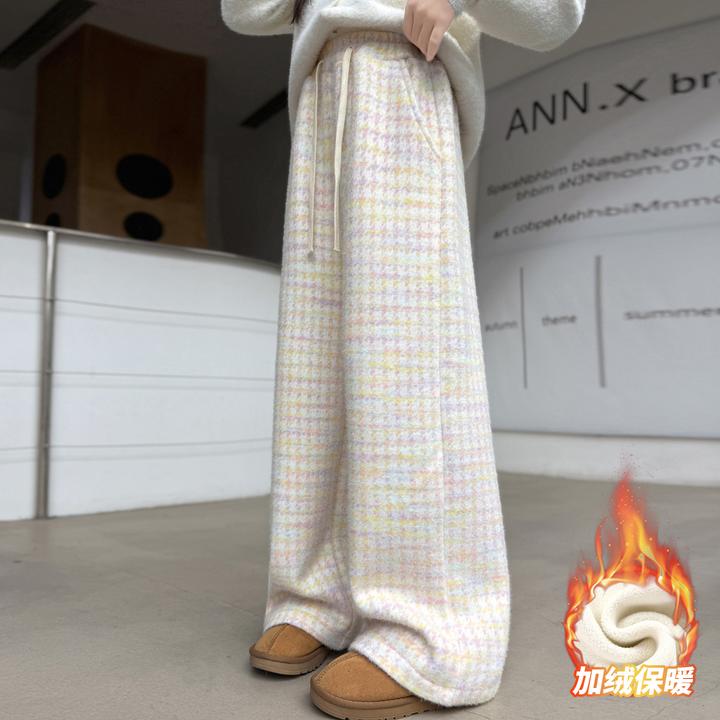 女童加绒加厚糯米裤秋冬2025新款儿童千鸟格弯刀裤女孩大童冬裤子