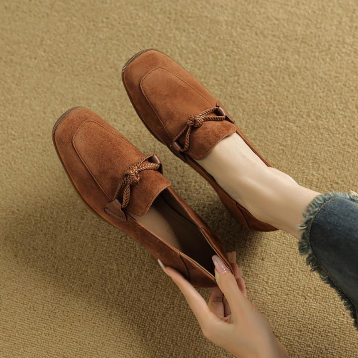 2025新款文艺英伦风复古编织休闲乐福鞋黑色反绒皮软底女通勤