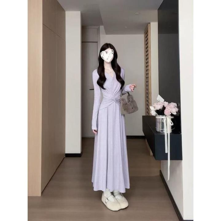 法式温柔风V领绑带收腰连衣裙女长裙小个子高级感气质裙