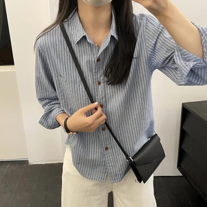 【有运费补贴 条纹衬衫】成衣水洗100%棉 春季新款百搭纯棉衬衣复古