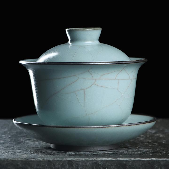 凝香阁 茶养开片铁胎仿古天青汝窑盖碗 青瓷家用茶具泡茶碗敬茶碗