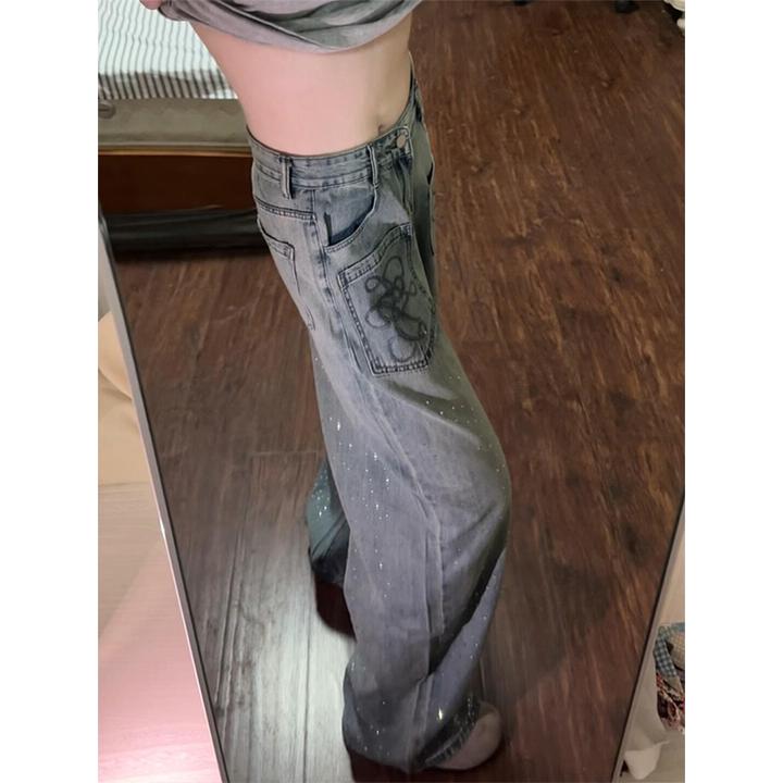 美式复古弯刀牛仔裤男女满天星烫钻反口袋裤子水洗宽松阔腿直筒裤