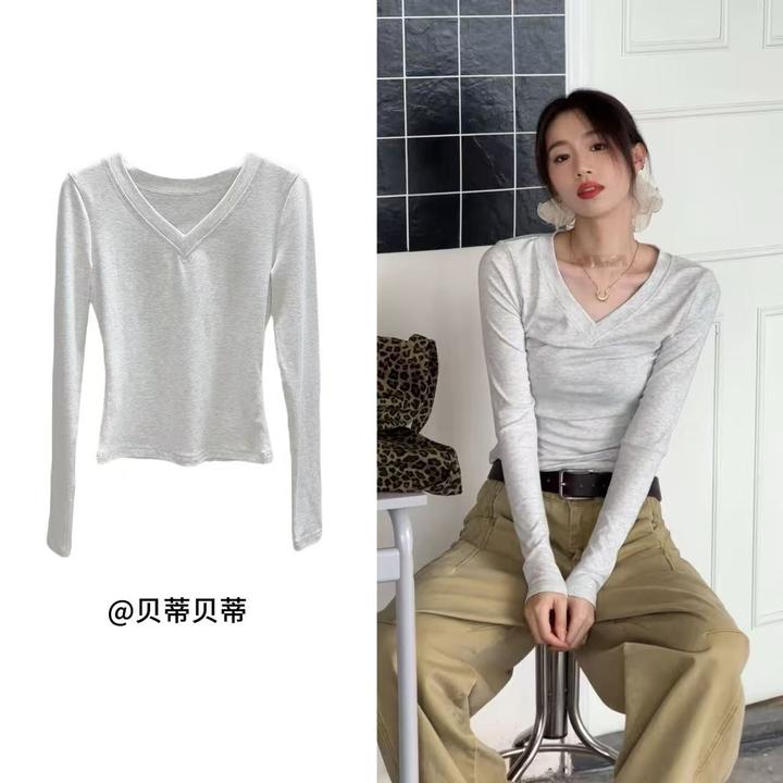 韩系纯欲风V领修身花灰纯色长袖打底外穿女秋上新简约时尚百搭款