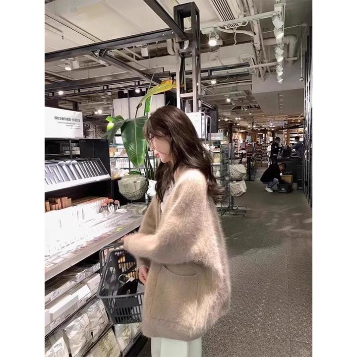 驼色水貂绒日系复古开衫针织春秋新款外套女韩式慵懒风开衫小外搭