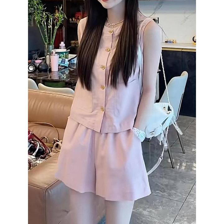 炸街减龄时尚套装女夏季新款圆领无袖背心T恤上衣阔腿短裤两件套