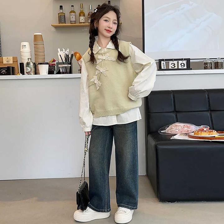 女童秋装套装2024新款时髦针织背心洋气女孩中大童衬牛仔裤三件套