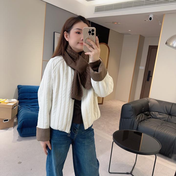 【欧加粒粒】时尚休闲百搭圆领撞色围巾款拉链短款外套宽松 Y69203