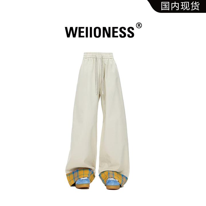 WEIIONESS美式阔腿休闲裤男秋季拼接撞色格子工装裤高级感男装