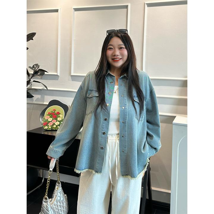 断码捡漏~大码胖mm秋季花契200斤胖mm美式做旧牛仔外套13876-H