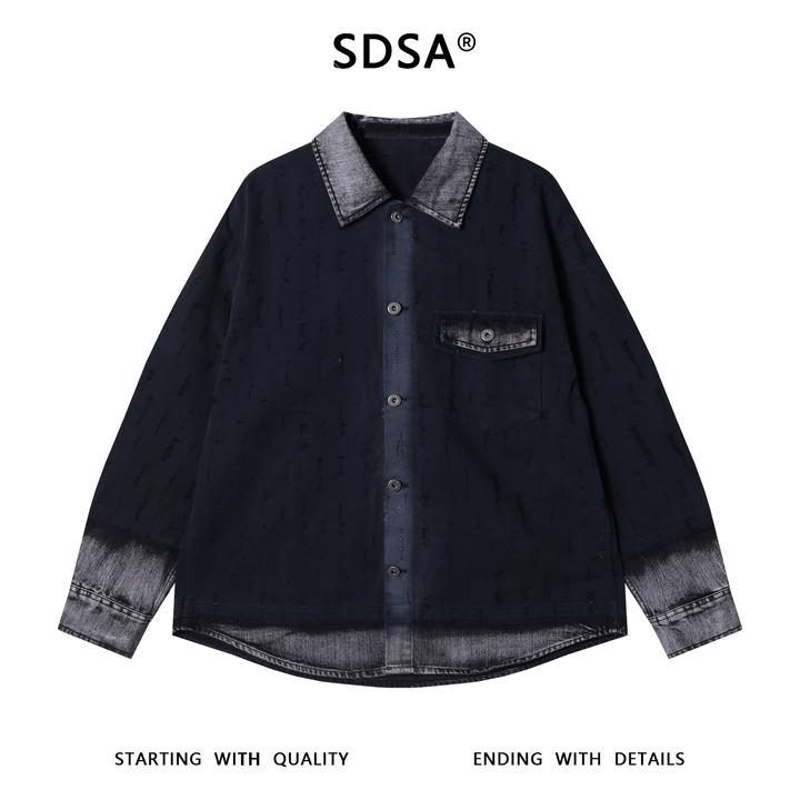 SDSA男士秋冬新款痞帅男装潮牌渐变磨破翻领长袖衬衫时尚百搭衬衣