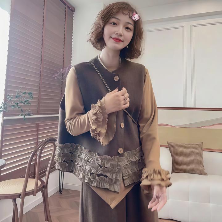 温柔风花边设计休闲套装2025秋季新款大码胖MM优雅两件套