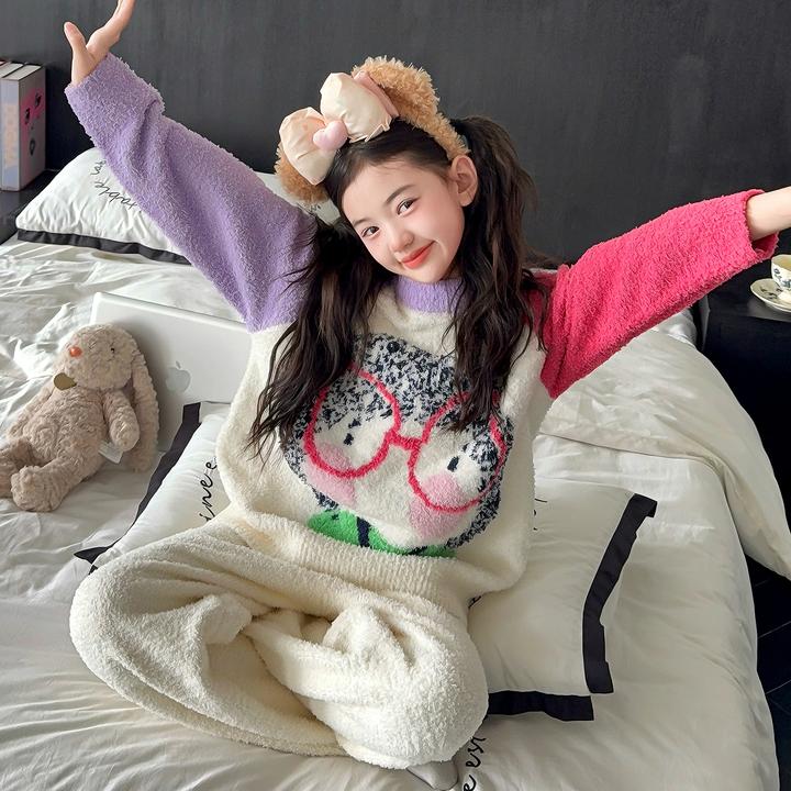 [专柜品质]女童洋气睡衣秋冬款家居服套装半边绒小女孩长袖居家服