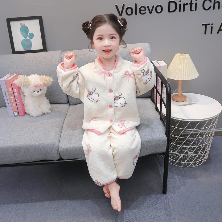 女童珊瑚绒睡衣秋冬季加厚女宝宝法兰绒分体套装儿童公主风家居服
