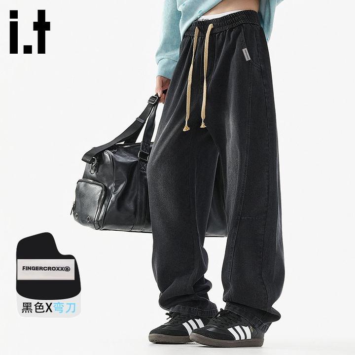 it FINGERCROXX美式潮牌牛仔长裤子男秋季耐磨宽松复古弯刀阔腿裤