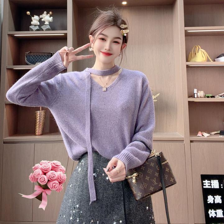 容容定制 韩版纯欲风V领挂脖飘带针织衫秋冬温柔风羊毛上衣1128