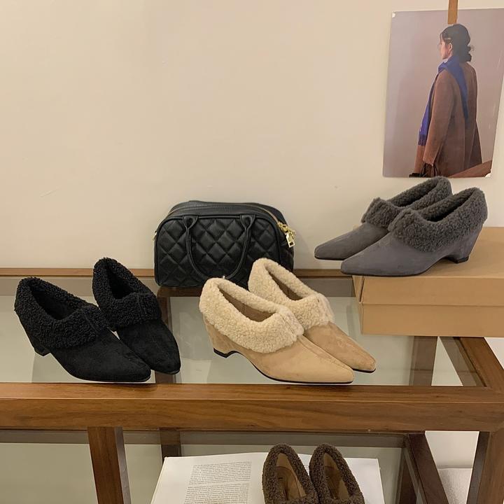 DENGDAHA法式气质秋冬新款羊羔绒保暖名媛风复古坡跟增高单鞋CK-3