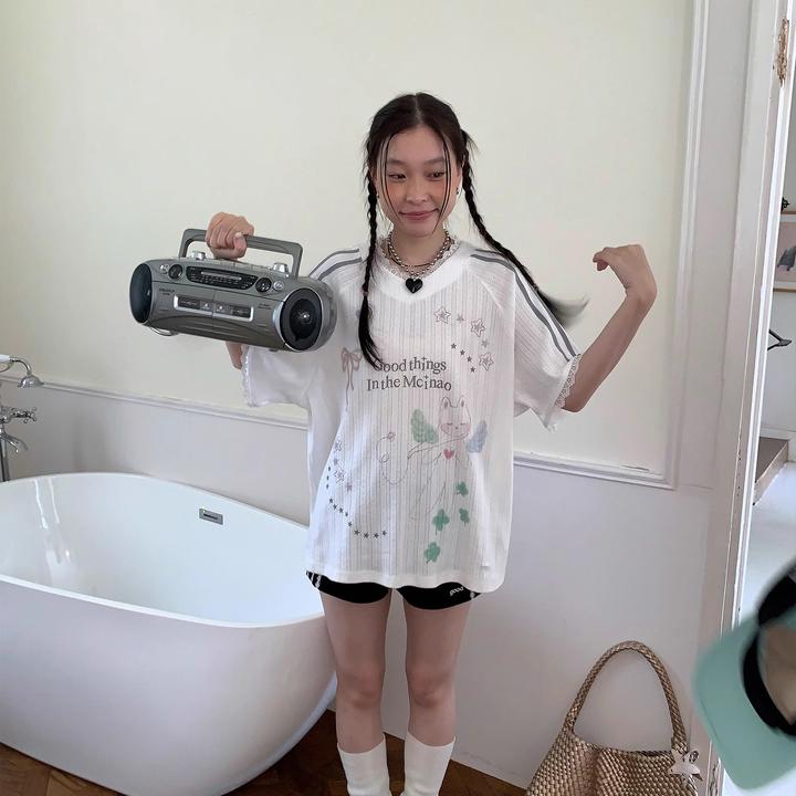 【帝韵】韩版条纹时尚V领短袖T恤女夏季宽松百搭印花蕾丝设计感上衣