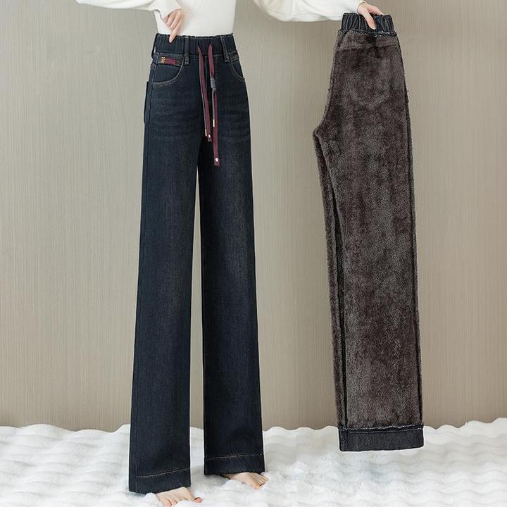 松紧腰特厚加绒牛仔裤女冬季2024新款大码加厚羊羔绒直筒阔腿裤子