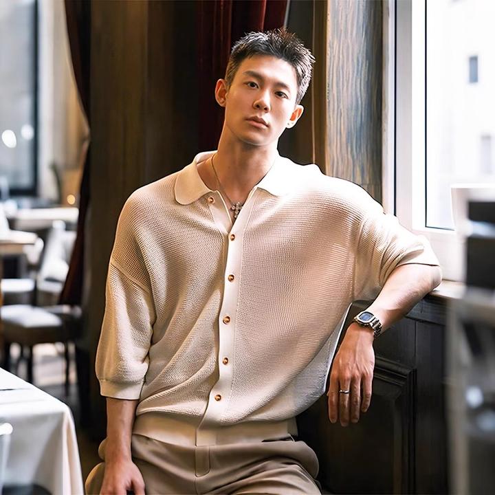 老钱风针织镂空短袖男款夏季薄款透气半袖衬衫美式成熟稳重男装