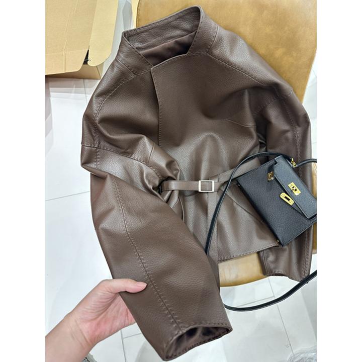 高端个性洋气美拉德短款皮衣时尚高级感超好看咖色束腰外套女春秋