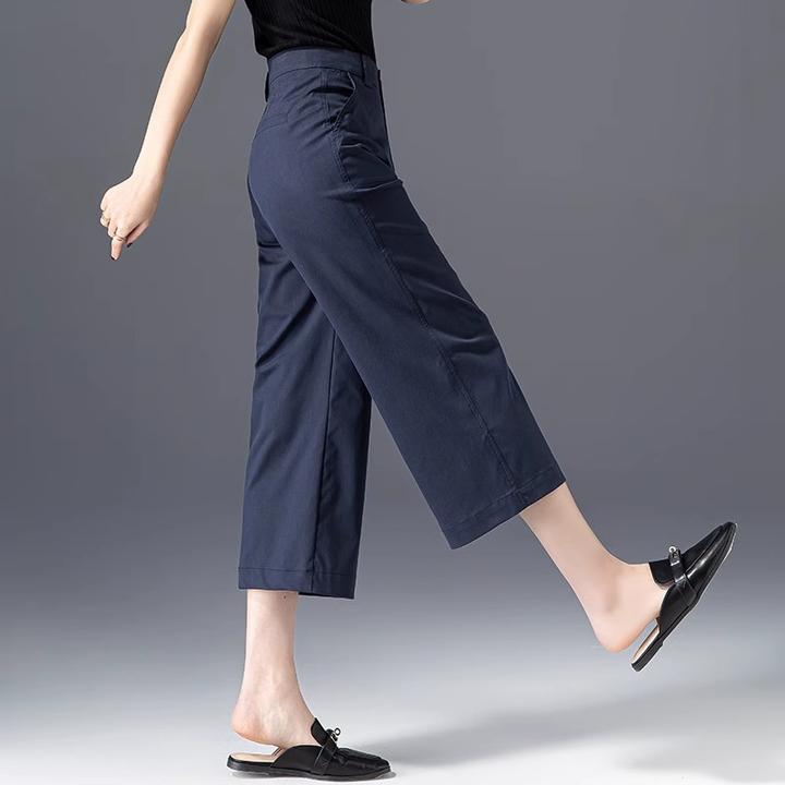 藏青色窄版高腰阔腿裤女小个子夏季薄款休闲裤子冰丝八分直筒裤子